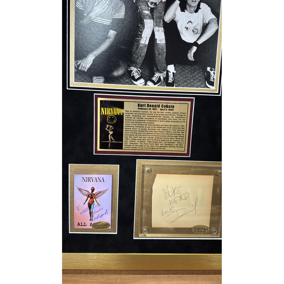Kurt Cobain David Grohl Krist Novoselic Nirvana signed wirh proof , sketches & museum quality frame 20x36