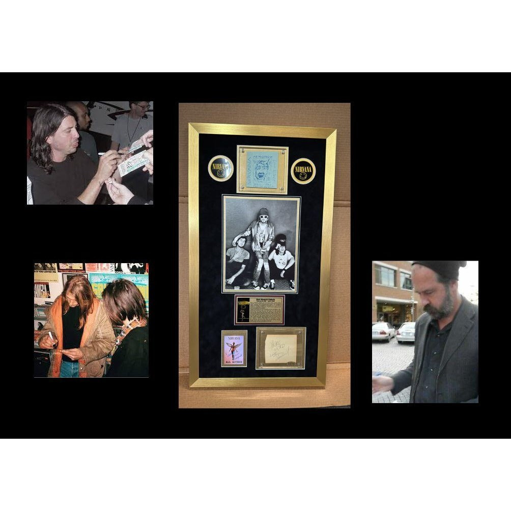 Kurt Cobain David Grohl Krist Novoselic Nirvana signed wirh proof , sketches & museum quality frame 20x36