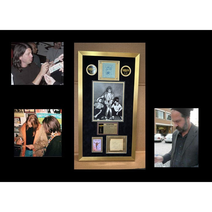 Kurt Cobain David Grohl Krist Novoselic Nirvana signed wirh proof , sketches & museum quality frame 20x36