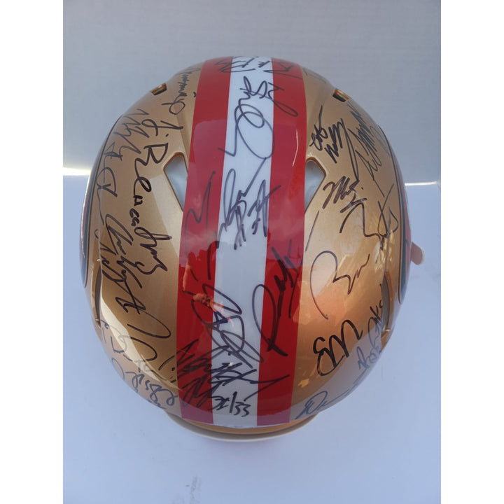 Brock Purdy Deebo Samuel Christian McCaffrey 2023 San Francisco 49ers Riddell speed pro model team signed helmet signed with proof