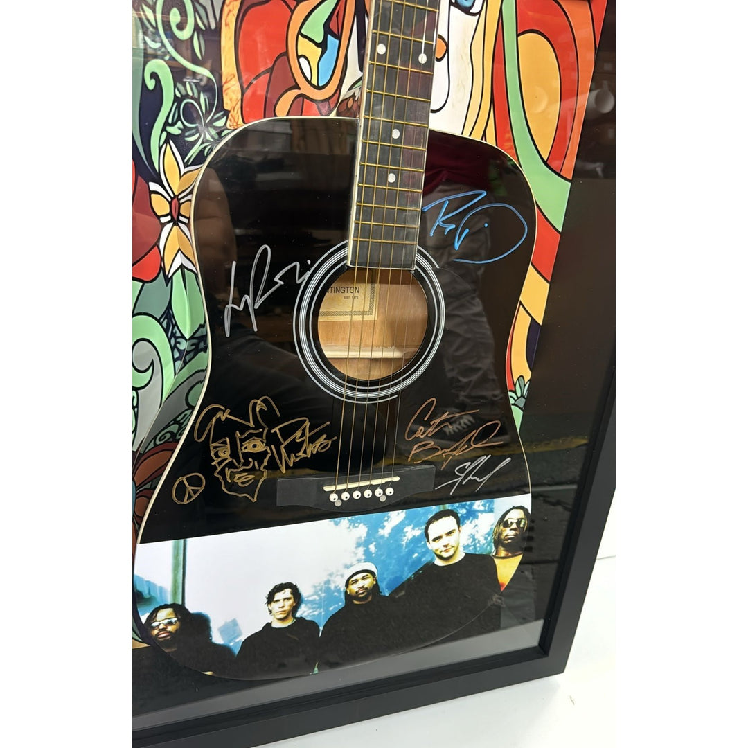 Dave Mathews with sketch Stephan Lessard Boyd Tinsley LeRoi Moore Carter Beauford acoustic guitar signed and framed with proof