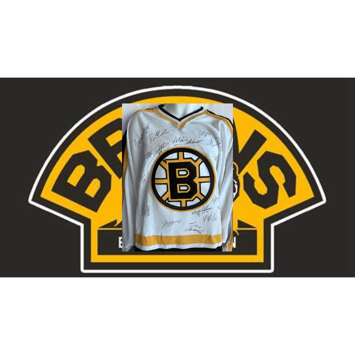Boston Bruins game model Jersey all-time great signed Milt Schmidt Johnny Bucyik Ray Bourque Bobby Orr Phil Esposito Awesome Artifacts