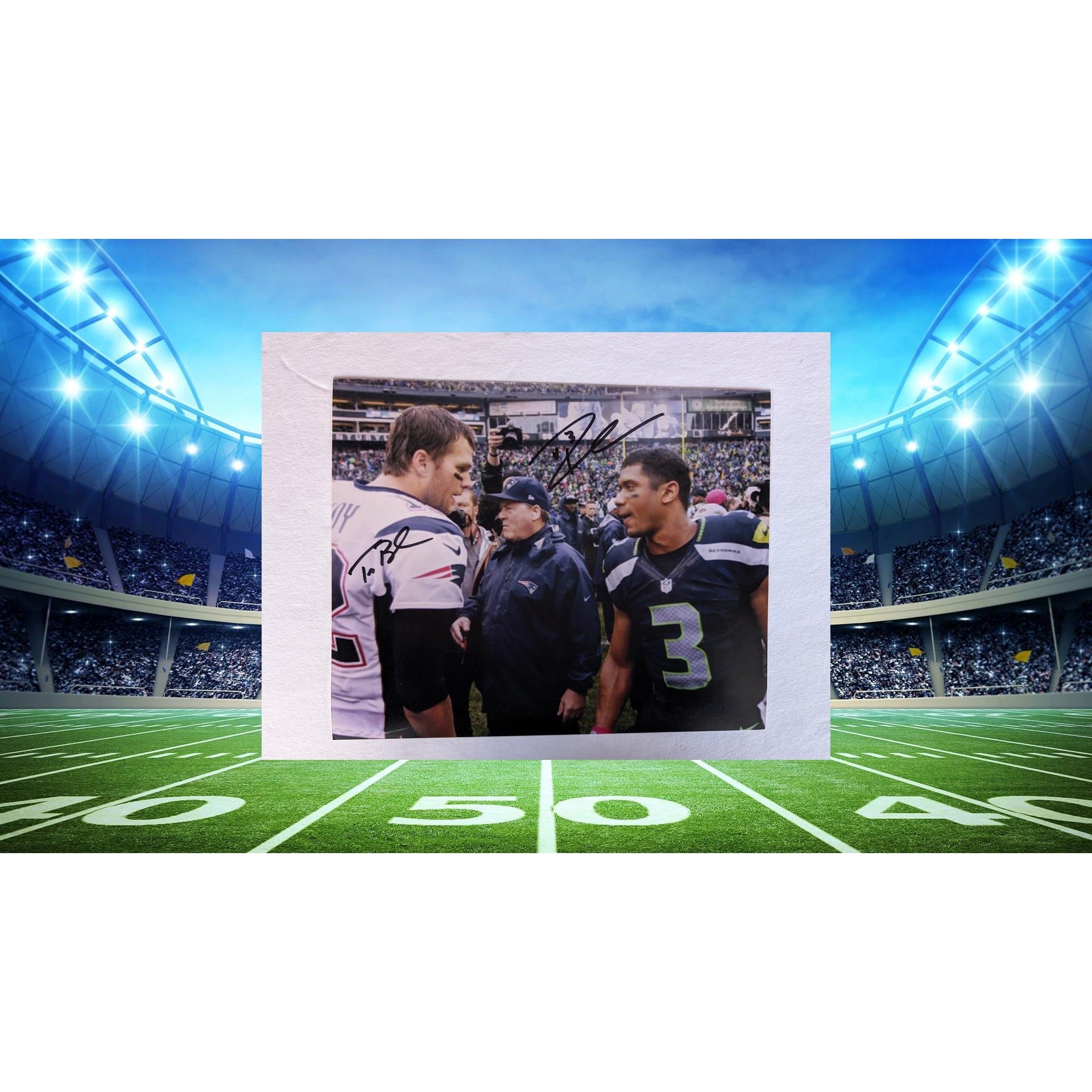 Russell Wilson Seattle Seahawks Tom Brady New England Patriot 8x10 photo signed with proof