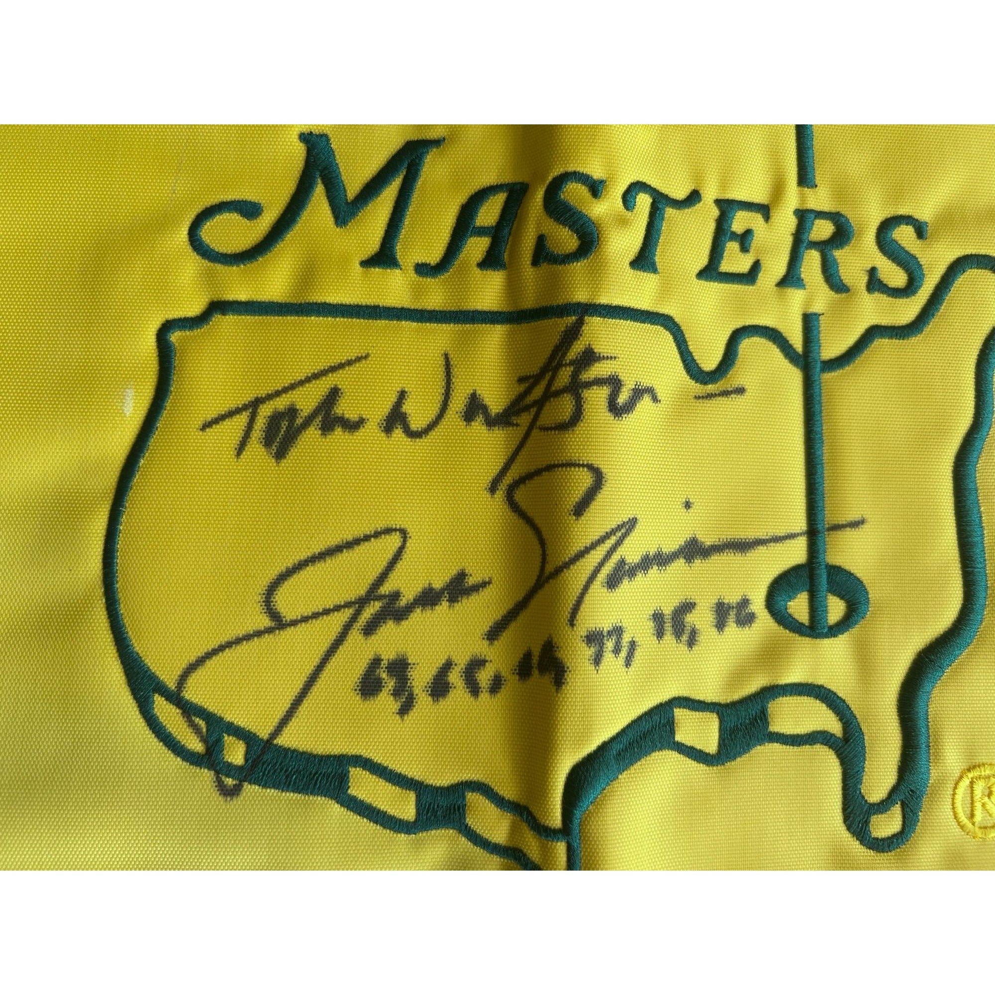 Jack Nicklaus signed and inscribed with Master's championships and Tom Watson Masters embroidered pin flag signed with proof