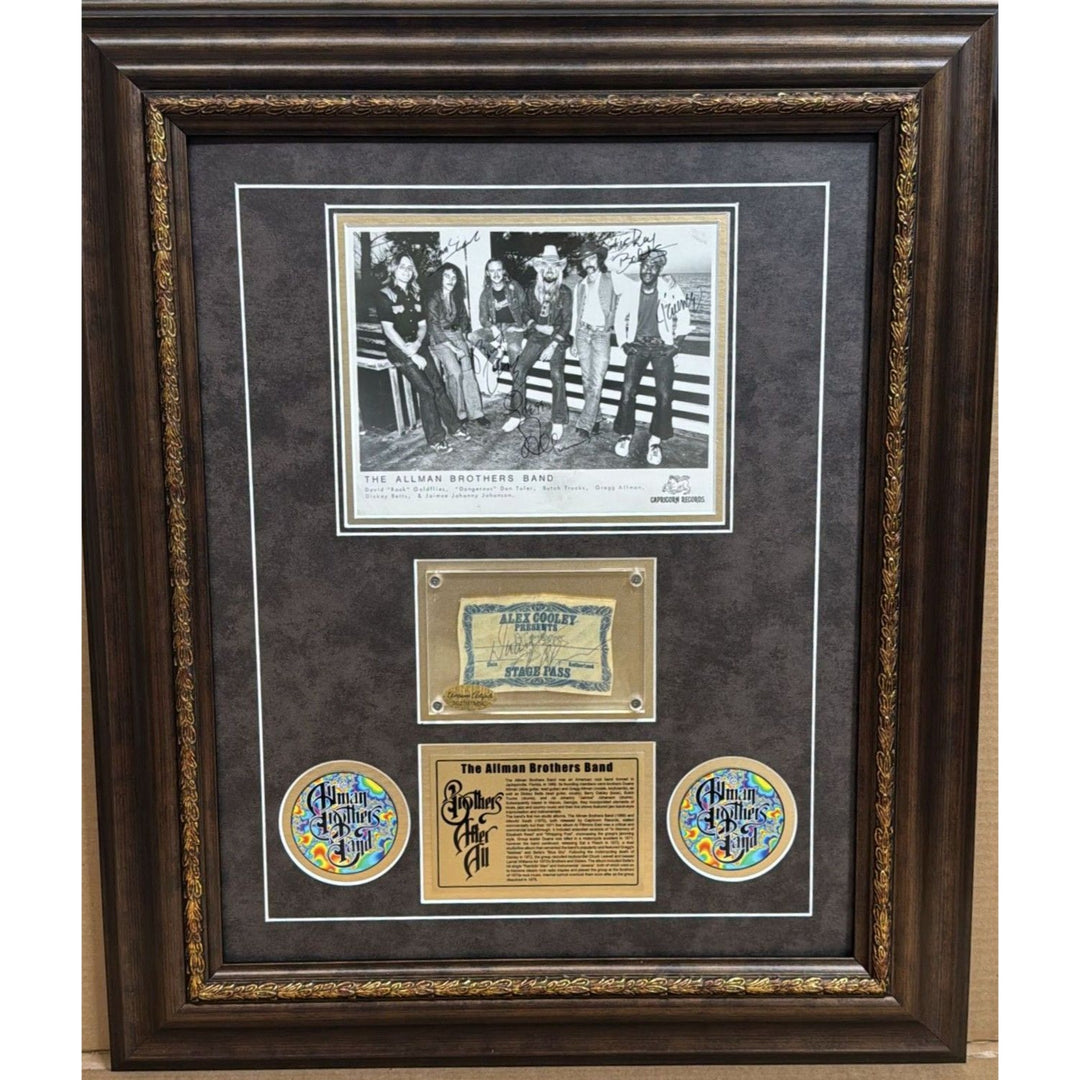 The Allman Brothers, Duane & Greg Allman, Butch Trucks, Dickey Betts, Warren Haynes, Johanny Johanson ticket & press photo signed and framed.