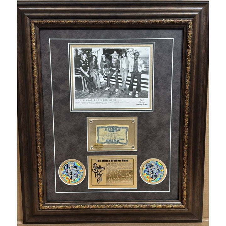 The Allman Brothers, Duane & Greg Allman, Butch Trucks, Dickey Betts, Warren Haynes, Johanny Johanson ticket & press photo signed and framed.