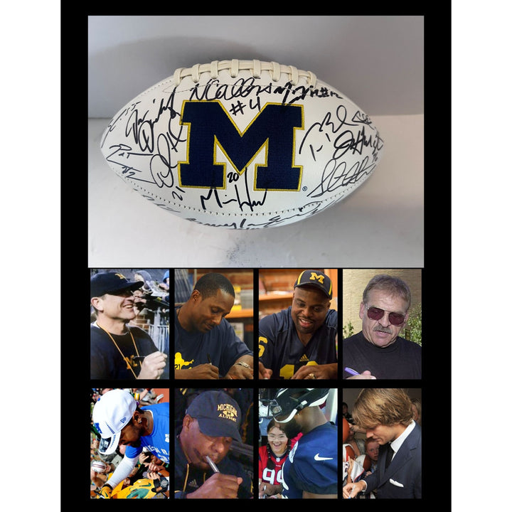 Michigan Legends Tom Brady, Charles Woodson, Desmond Howard, Jim Harbaugh signed football with proof free case