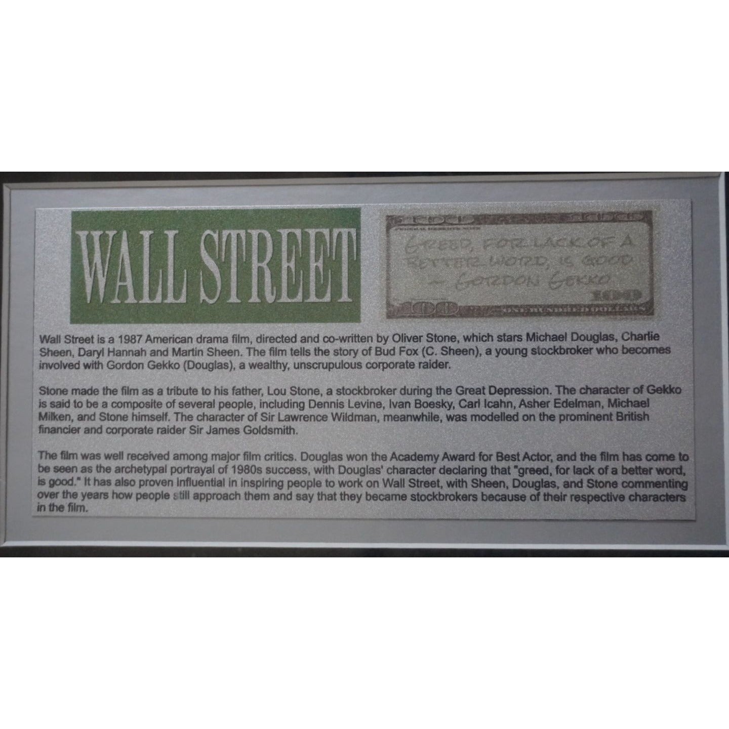 Wall Street Michael Douglas Charlie Sheen cast signed & framed with proof 31x15