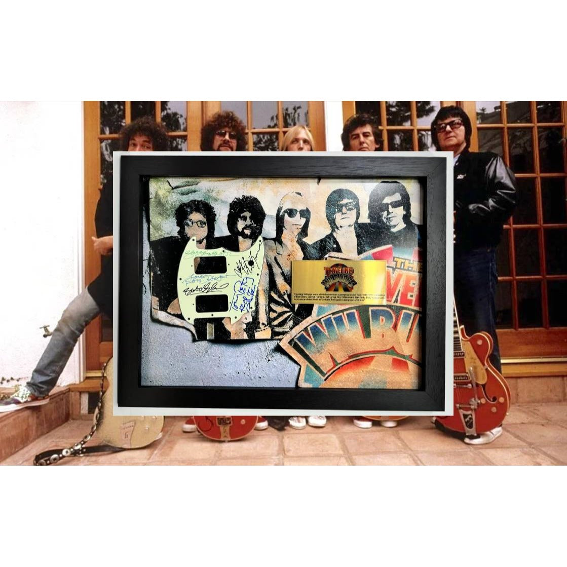 Traveling Wilburys  Roy Orbison Jeff Lynne Bob Dylan Tom Petty George Harrison vintage pickguard signed and framed with proof
