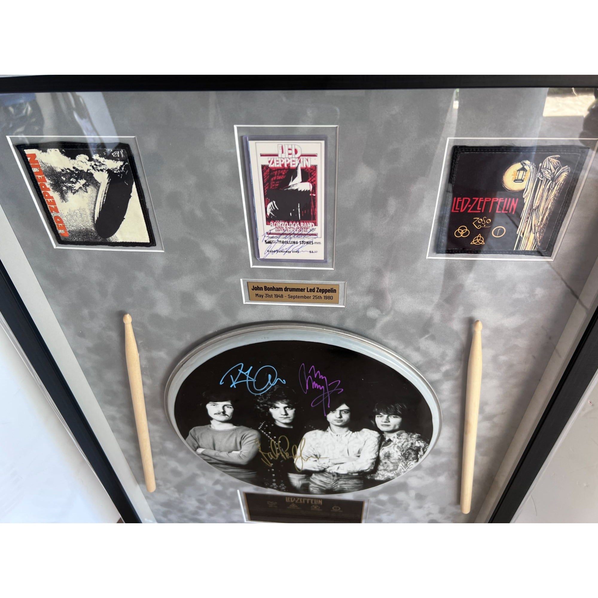 Led Zeppelin John Bonham, Jimmy Page, Robert Plant, John Paul Jones signed and framed 33x24