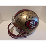 Load image into Gallery viewer, Joe Montana Jerry Rice Roger Craig Super Bowl champions full size riddell helmet signed with proof
