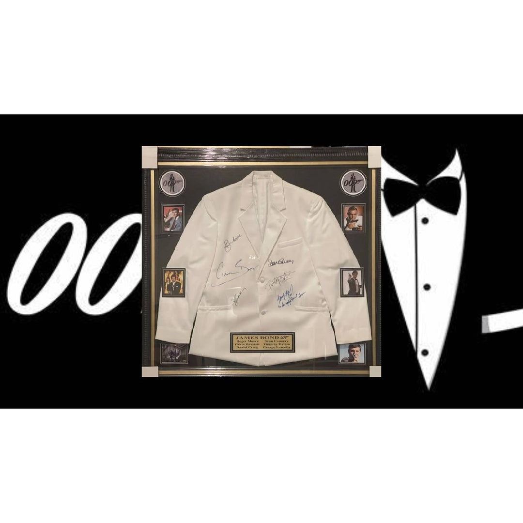 James Bond Sean Connery Roger Moore George Lazenby Timothy Dalton Pierce Brosnan Daniel Craig tuxedo jacket like 007 wore framed and signed