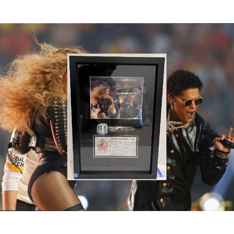 Beyonce Knowles and Bruno Mars signed and framed microphone with proof