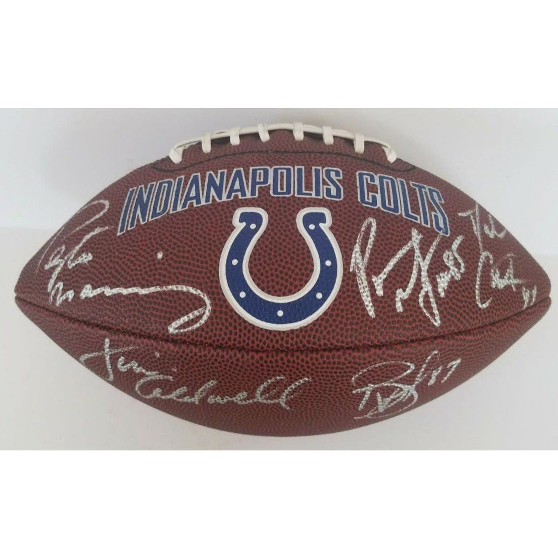Peyton Manning, Dallas Clark, Jim Caldwell, Reggie Wayne, Pierre Garcon Indianapolis Colts synthetic leather football signed with proof