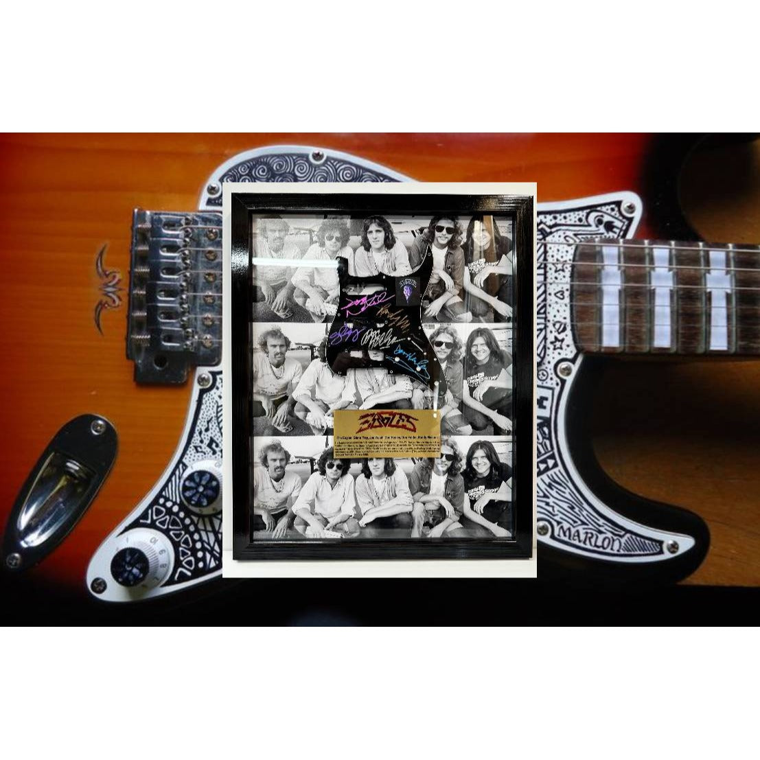 Don Henley Joe Walsh Glenn Frey Don Fielder Timothy B Schmidt Fender Stratocaster electric pickguard signed and framed with proof