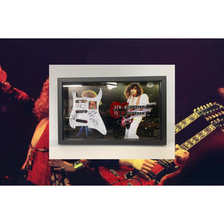 Led Zeppelin Robert Plant Jimmy Page John Paul Jones electric guitar pickguard signed and framed 15'x21"with proof