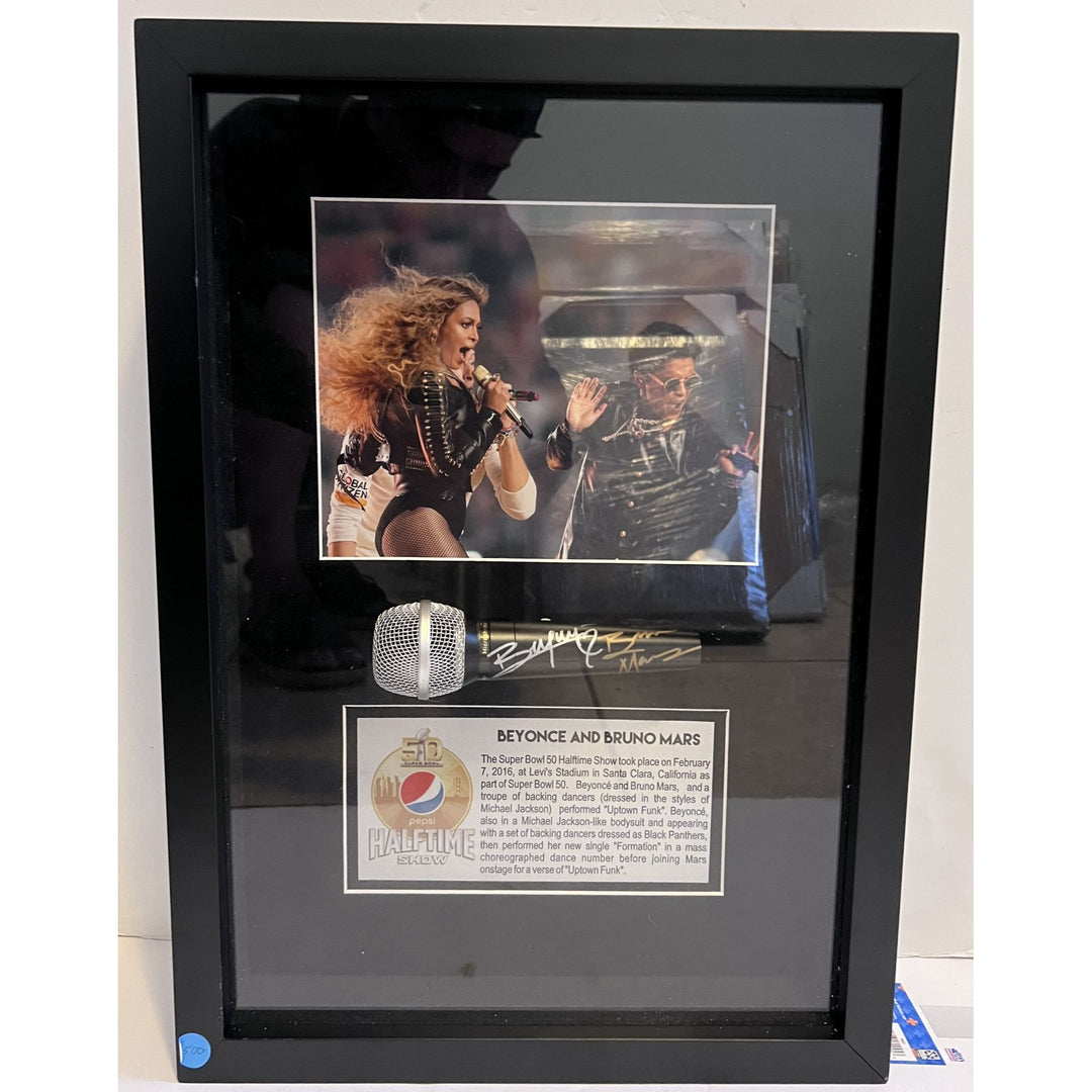 Beyonce Knowles and Bruno Mars signed and framed microphone with proof