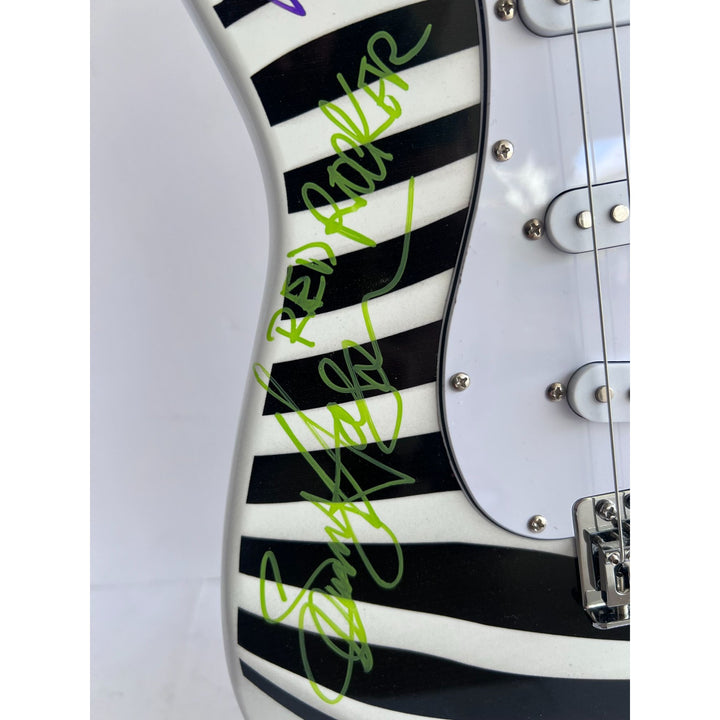 Eddie Van Halen Ted Nugent David Lee Roth Sammy Hagar Michel Anthony Alex Van Halen zebra full size electric guitar signed with proof