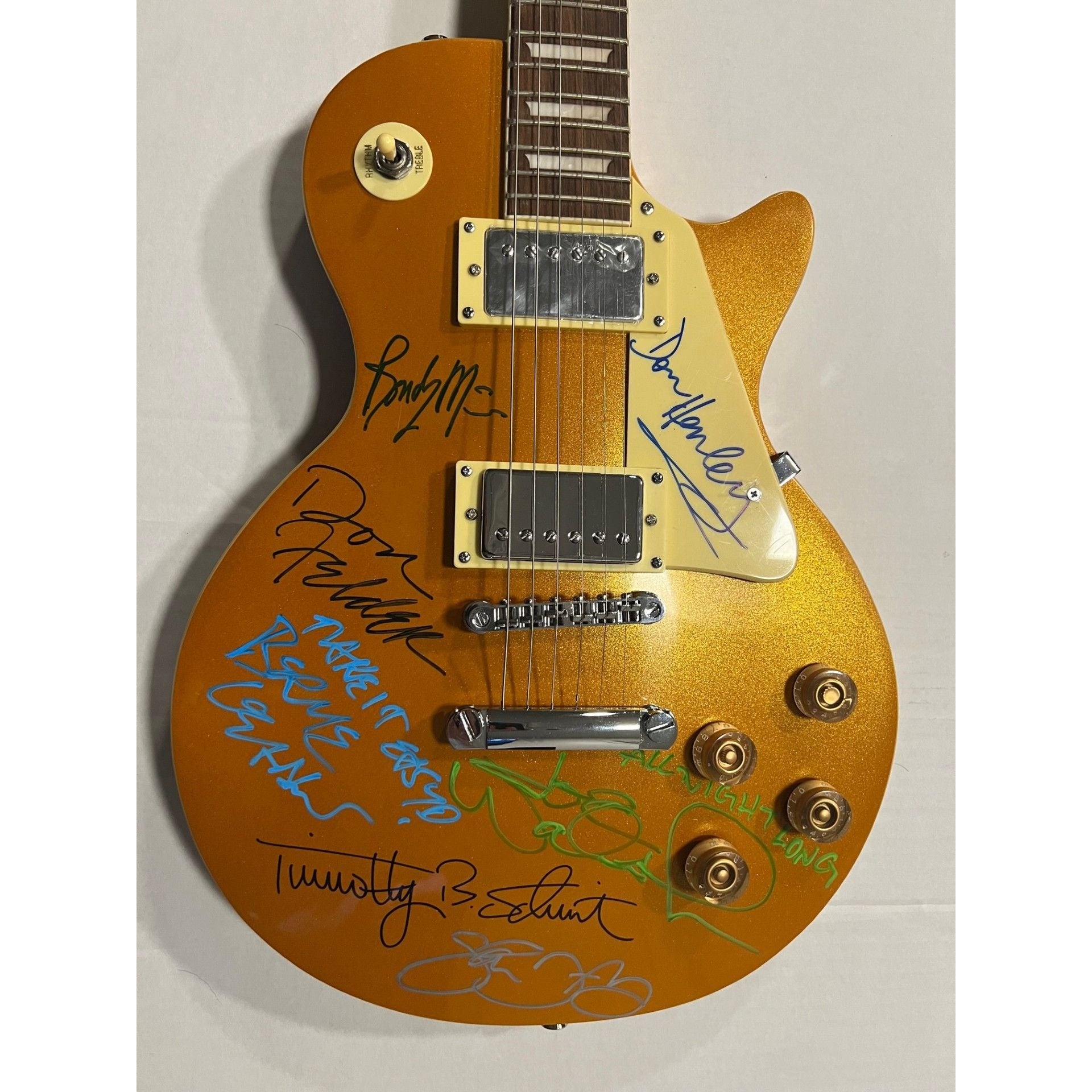 The Eagles Bernie Laden Joe Walsh Don Henley Glenn Frey Randy Meisner signed and inscribed Les Paul electric guitar with proof