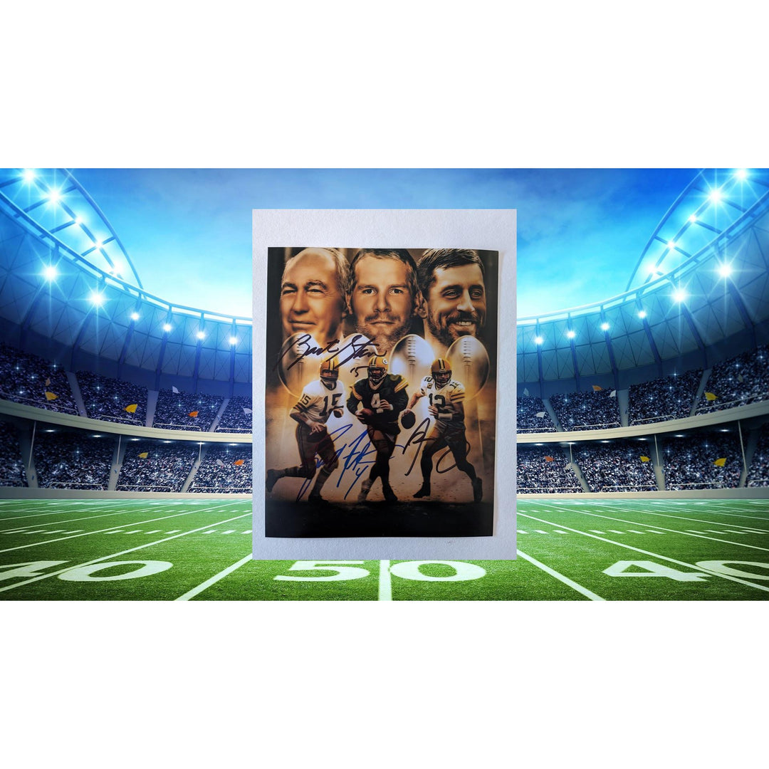 Green Bay Packers Brett Favre Aaron Rodgers Bart Starr 8x10 photo signed with proof