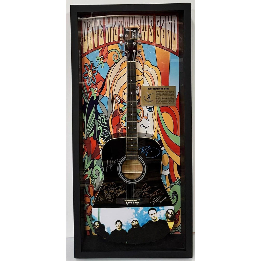 Dave Mathews with sketch Stephan Lessard Boyd Tinsley LeRoi Moore Carter Beauford acoustic guitar signed and framed with proof