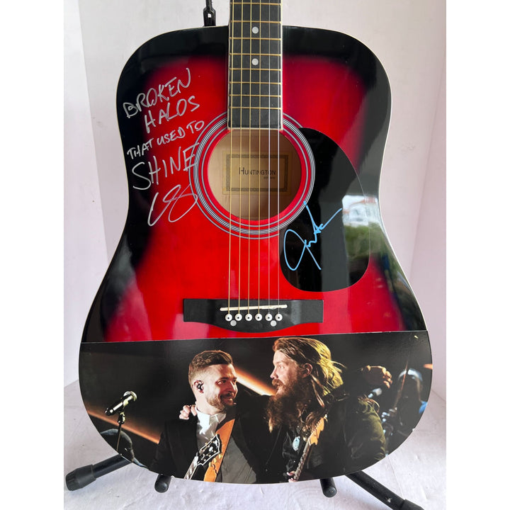 Chris Stapleton signed and inscribed broken Halos that used to shine with Justin Timberlake full size acoustic guitar signed with proof