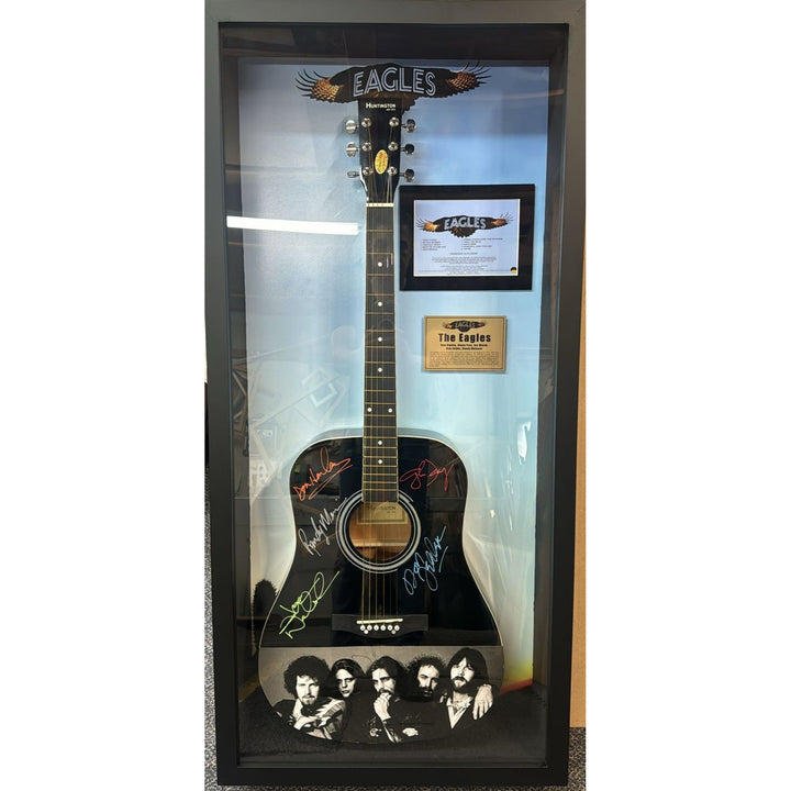 The Eagles Bernie Laden Joe Walsh Don Henley Glenn Frey Randy Meisner signed and framed full size acoustic guitar with proof