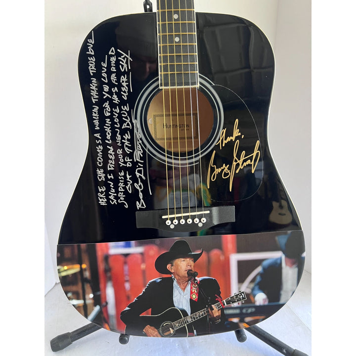 George Strait & Bob DiPiero signed full size acoustic guitar with lyrics "Out of the Blue Clear Sky"