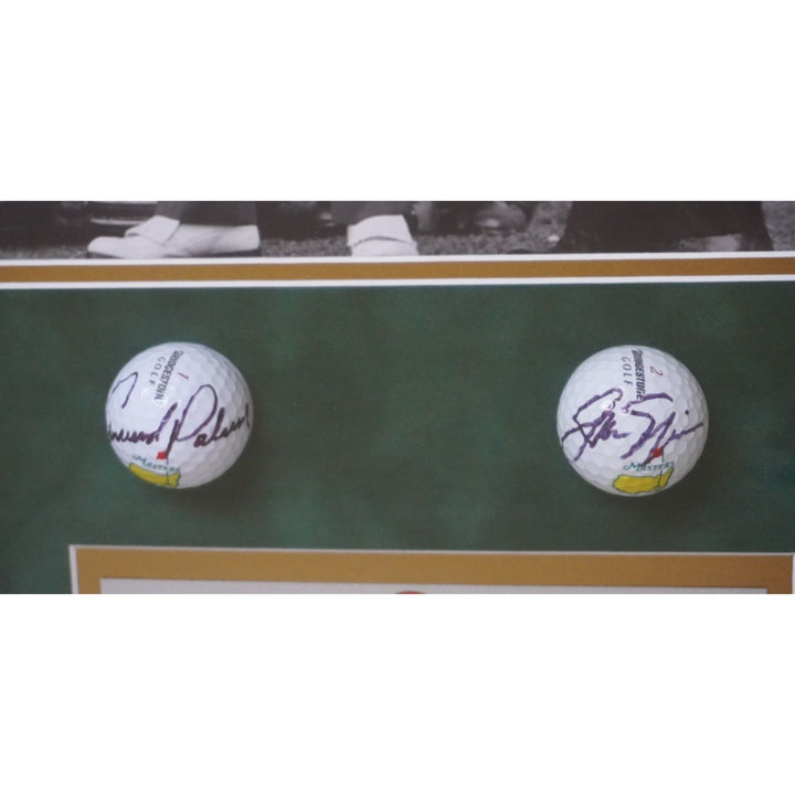 Jack Nicklaus and Arnold Palmer Masters golf balls framed 21x14 and signed with proof