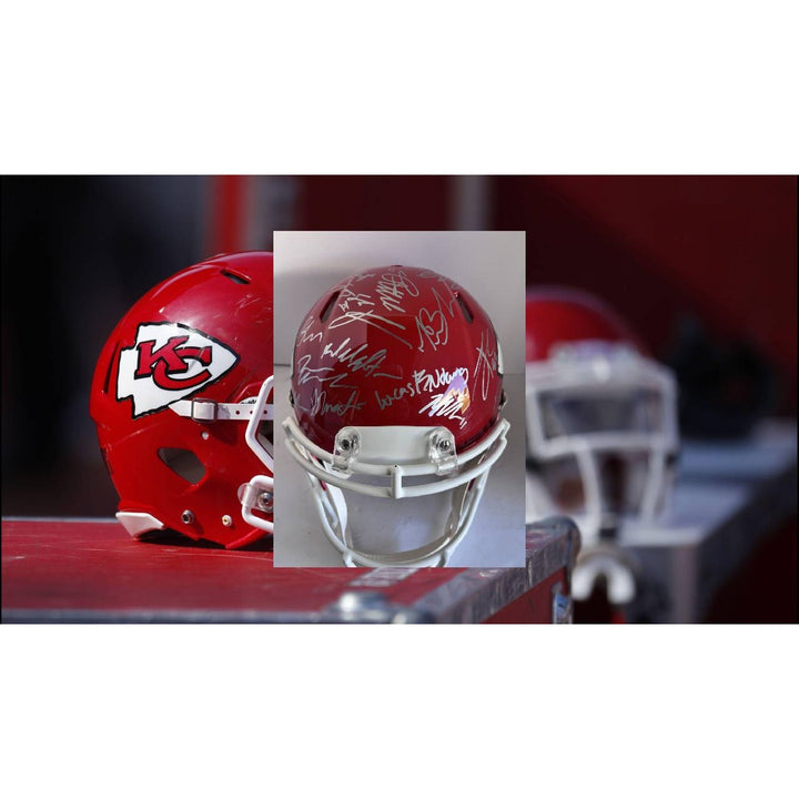 Patrick Mahomes Andy Reid Travis Kelce 2022- 23 Super Bowl champion Kansas City Chiefs Riddell Speed Authentic team signed helmet signed