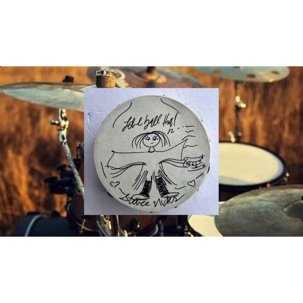 Stevie Nicks signed with hand sketch 10 inch tambourine and signing proof