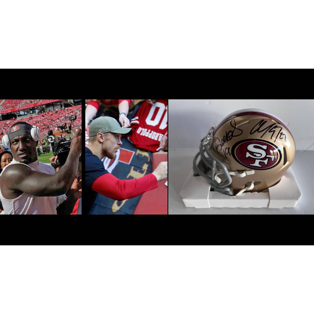 San Francisco 49ers Deebo Samuel, Christian McCaffrey,, signed mini helmet with proof with free case