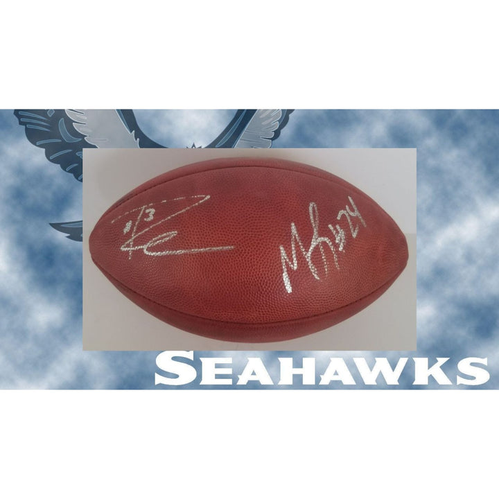 Seattle Seahawks Russell Wilson, Marshawn Lynch NFL game model football signed with proof with free case