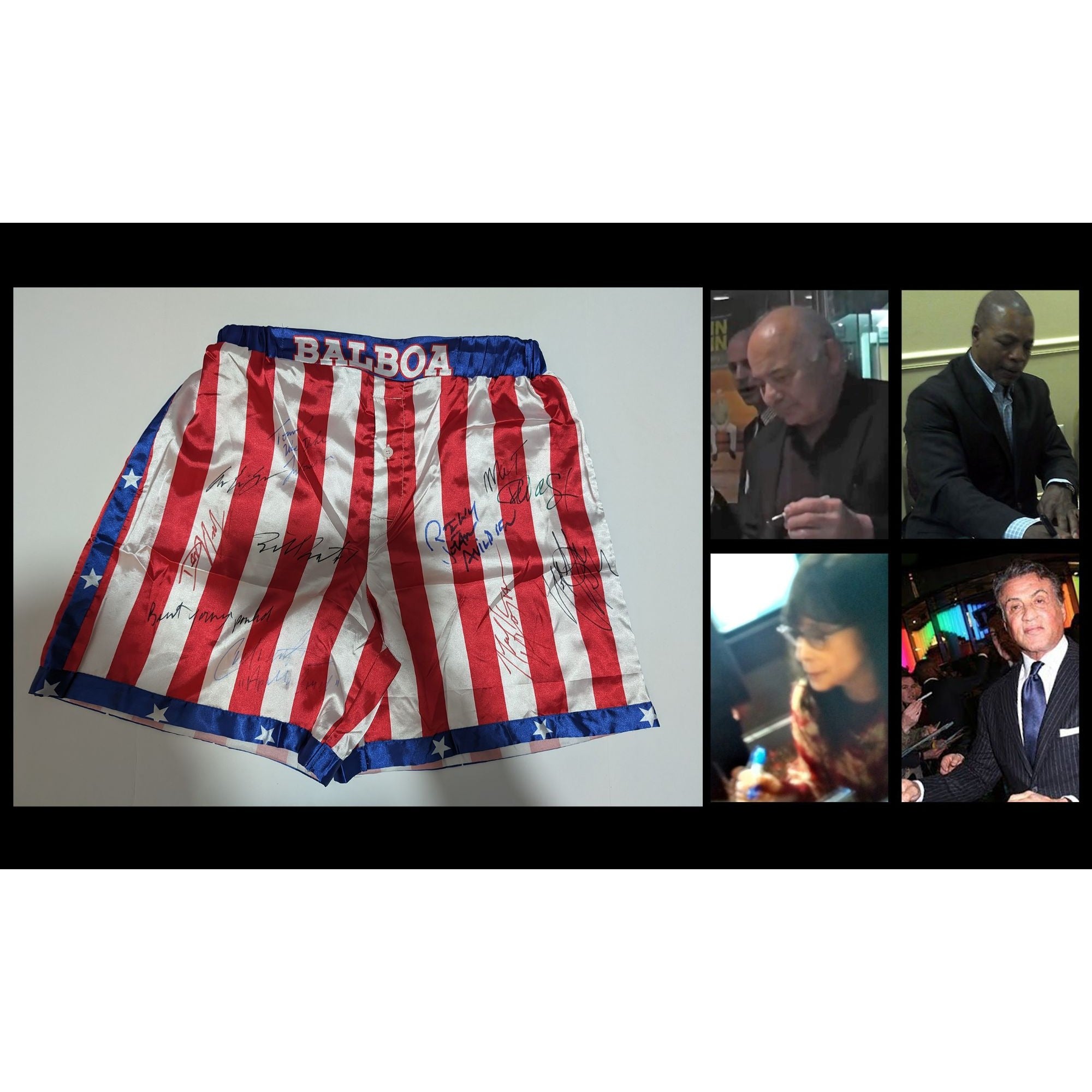 Rocky Balboa USA boxing shorts signed by the cast of Rocky including Sylvester Stallone Carl Weathers talliest shire Mr T Bert Young dolls l