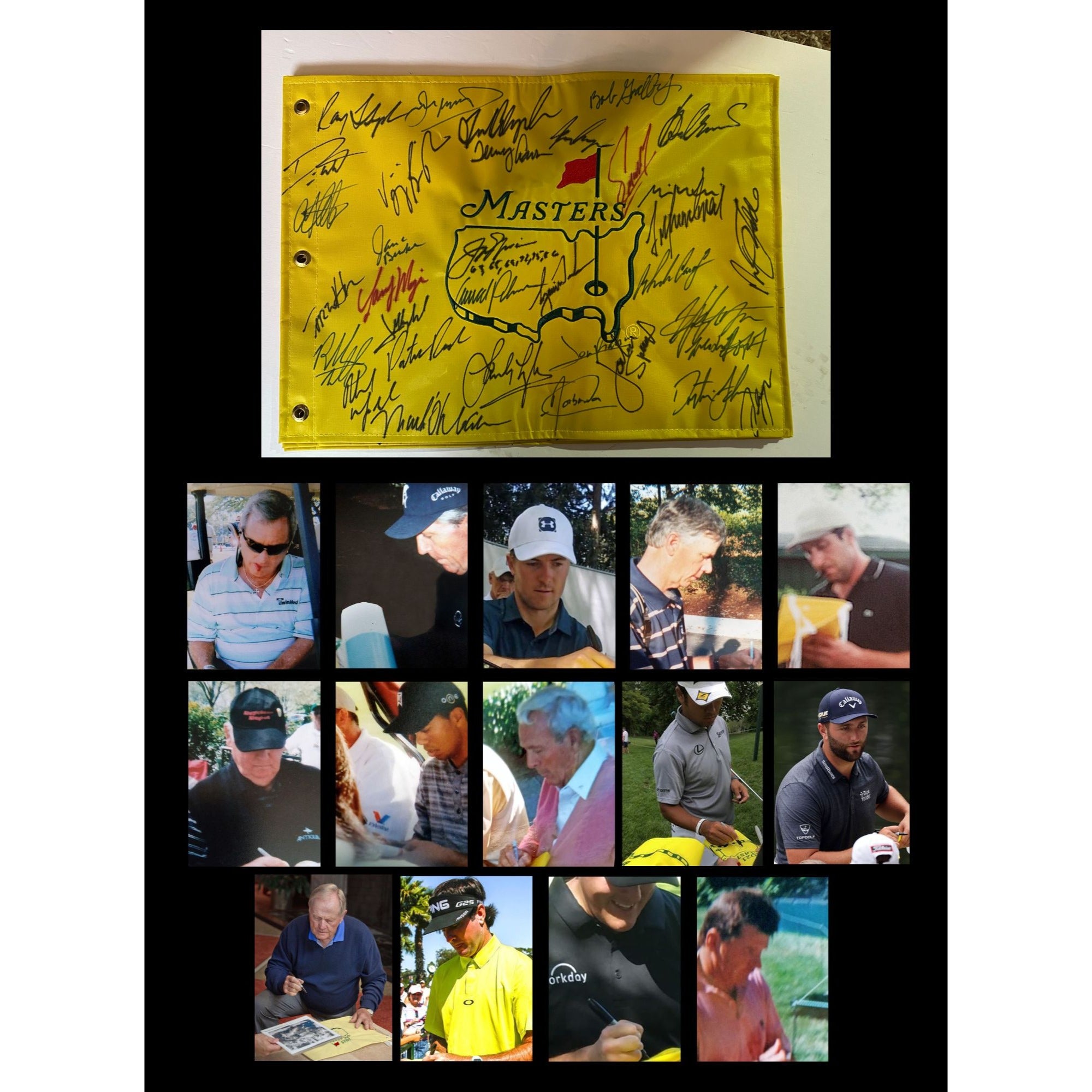 Jon Rahm Tiger Woods Arnold Palmer Jack Nicklaus Masters Golf pin flag signed by 33 Masters champions with proof