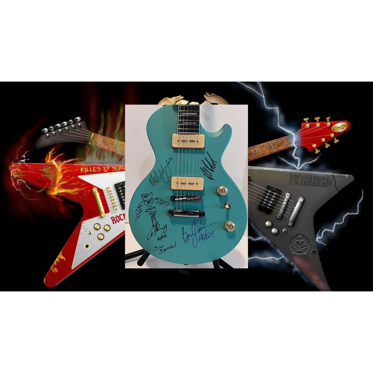 AC/DC Angus Young Brian Johnson Malcolm Young Phil Rudd Les Paul electric guitars signed with proof