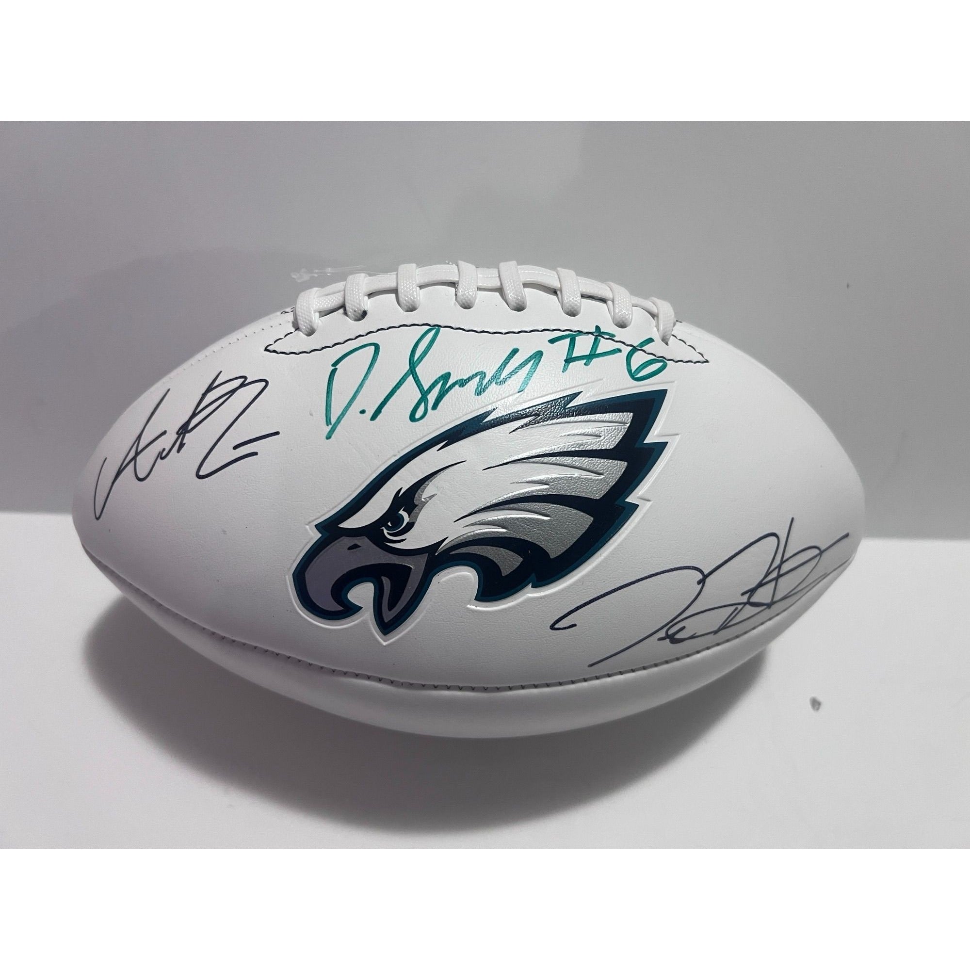 Philadelphia Eagles Jalen Hurts Devonta Smith  AJ Brown full size logo football signed with proof