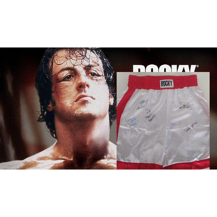 "Rocky" Sylvester Stallone boxing shorts cast signed "Apollo Creed" Carl Weathers, Talia Shire, Mr. T "Clubber Lang"