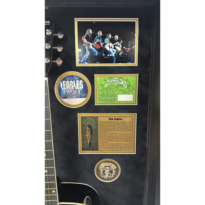 The Eagles Bernie Ladon Joe Walsh Don Henley Glenn Frey Randy Meisner Don Felder Vince Gill full size acoustic guitar signed and framed..
