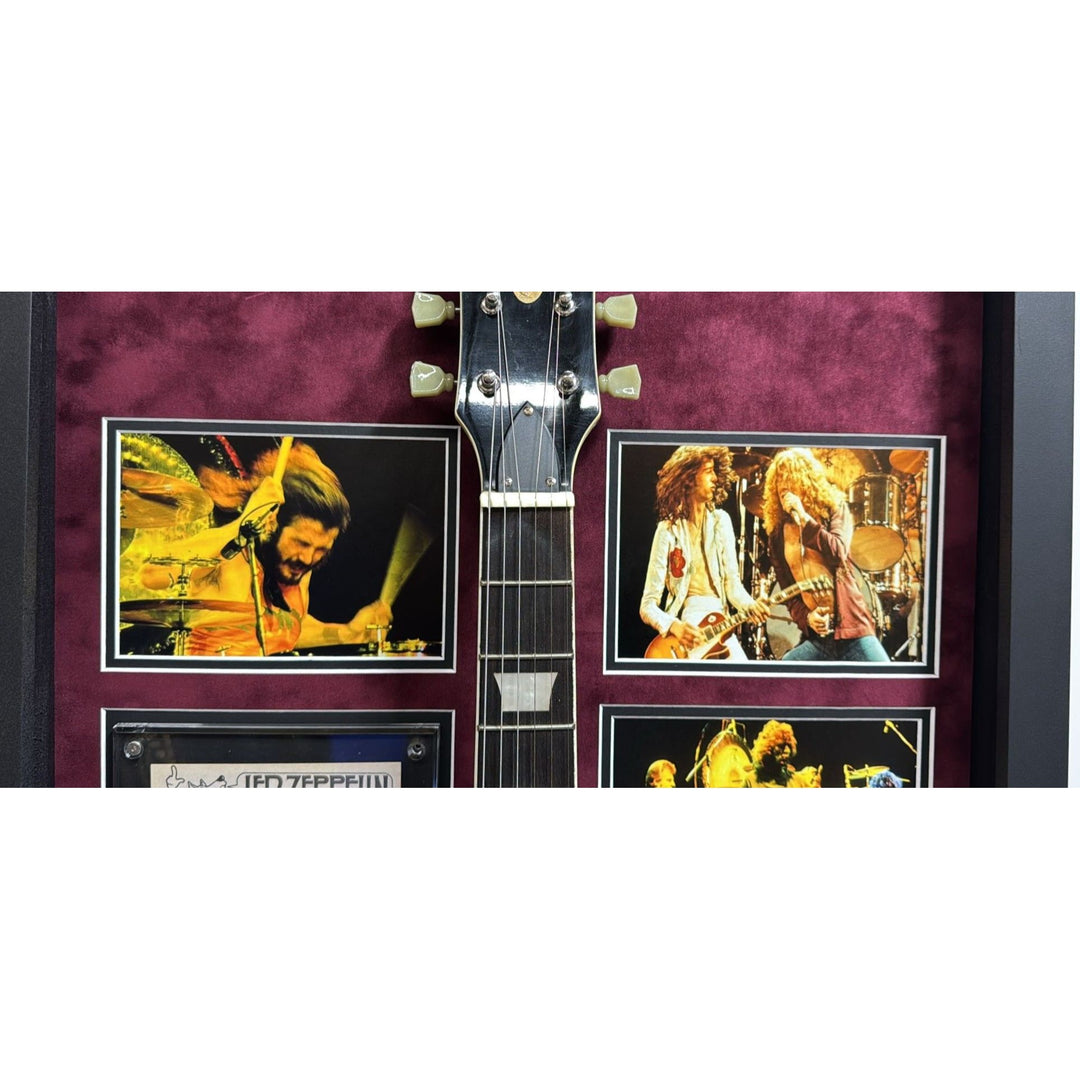 Led Zeppelin Jimmy Page Robert Plant John Paul Jones signed with inscriptions plus John Bonham concert ticket signed and framed with proof.