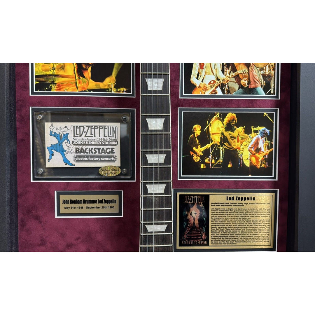 Led Zeppelin Jimmy Page Robert Plant John Paul Jones signed with inscriptions plus John Bonham concert ticket signed and framed with proof.