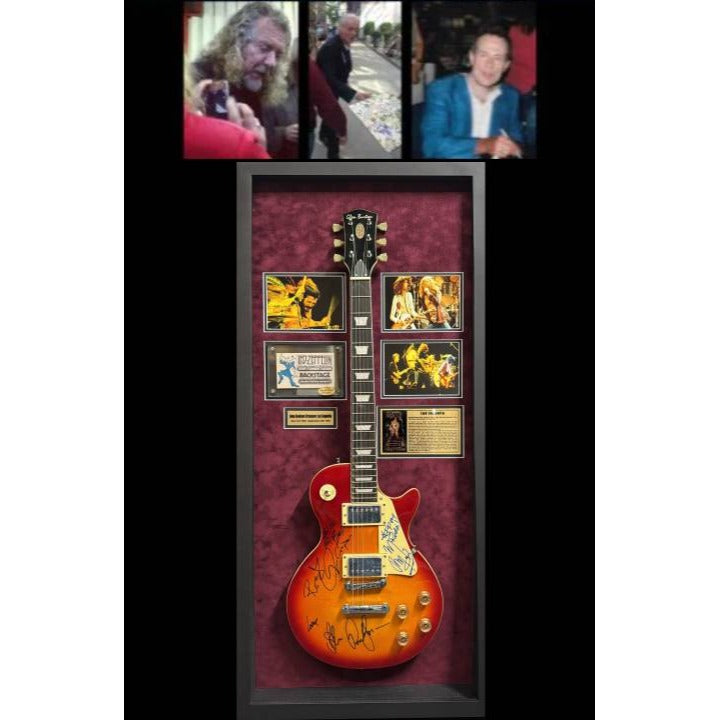 Led Zeppelin Jimmy Page Robert Plant John Paul Jones signed with inscriptions plus John Bonham concert ticket signed and framed with proof.