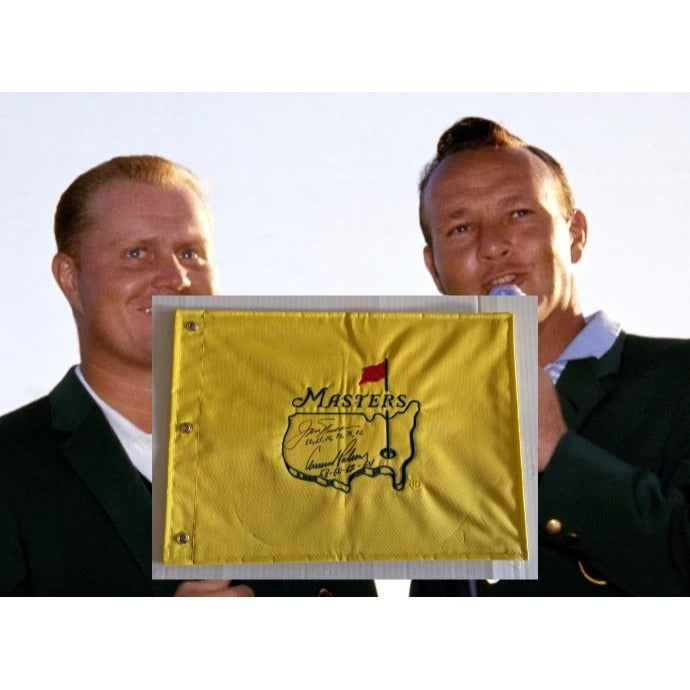 Jack Nicklaus and Arnold Palmer Masters golf tournament embroidered golf pin flag signed with proof