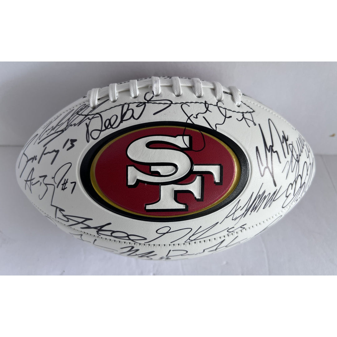 San Francisco 49ers 2023 24 Deebo Samuel, Brock Purdy Christian McCaffrey  full size team signed football with proof