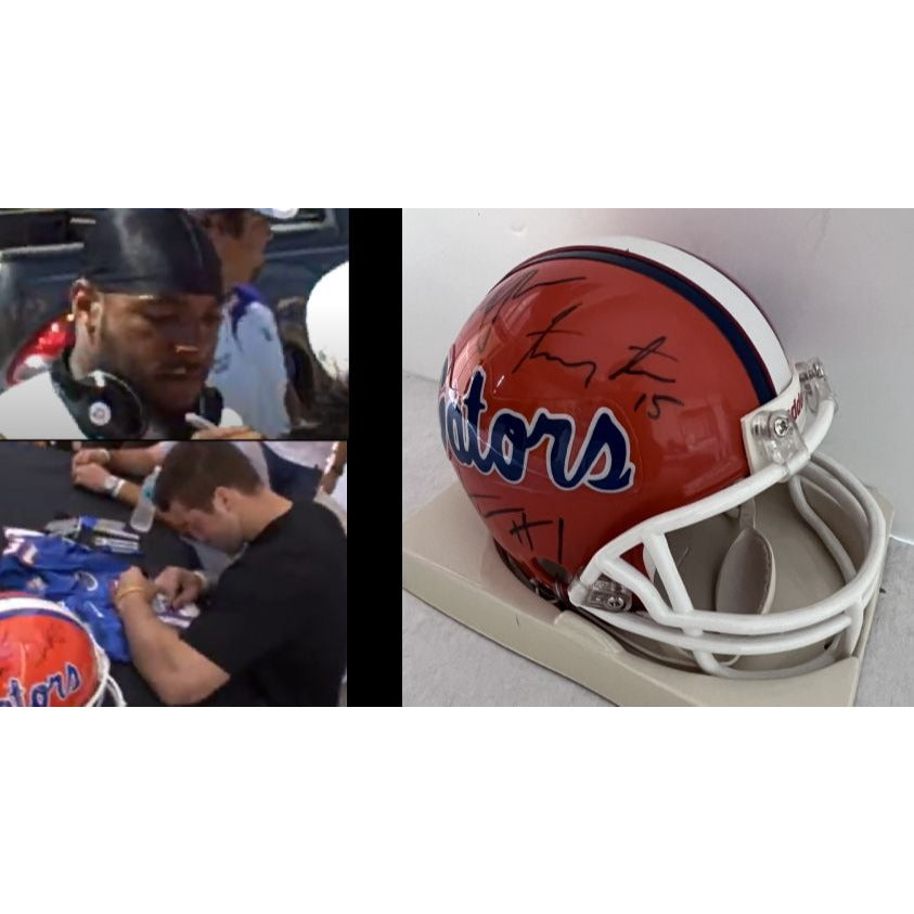 Florida Gators Tim Tebow Percy Harvin Urban Meyer mini helmet signed with proof