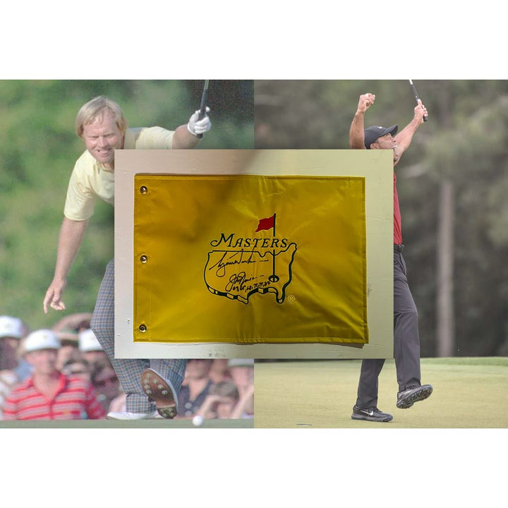 Tiger Woods and Jack Nicklaus embroidered Masters Golf flag signed with proof