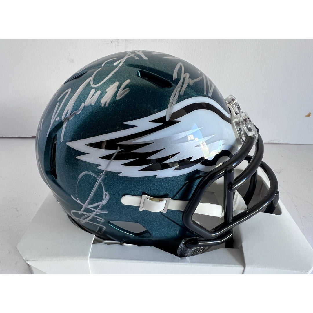 Philadelphia Eagles Jalen Hurts,  Devonta Smith Boston Scott Dallas Goedert AJ Brown Jason Kelce Riddell Mini helmet signed with proof