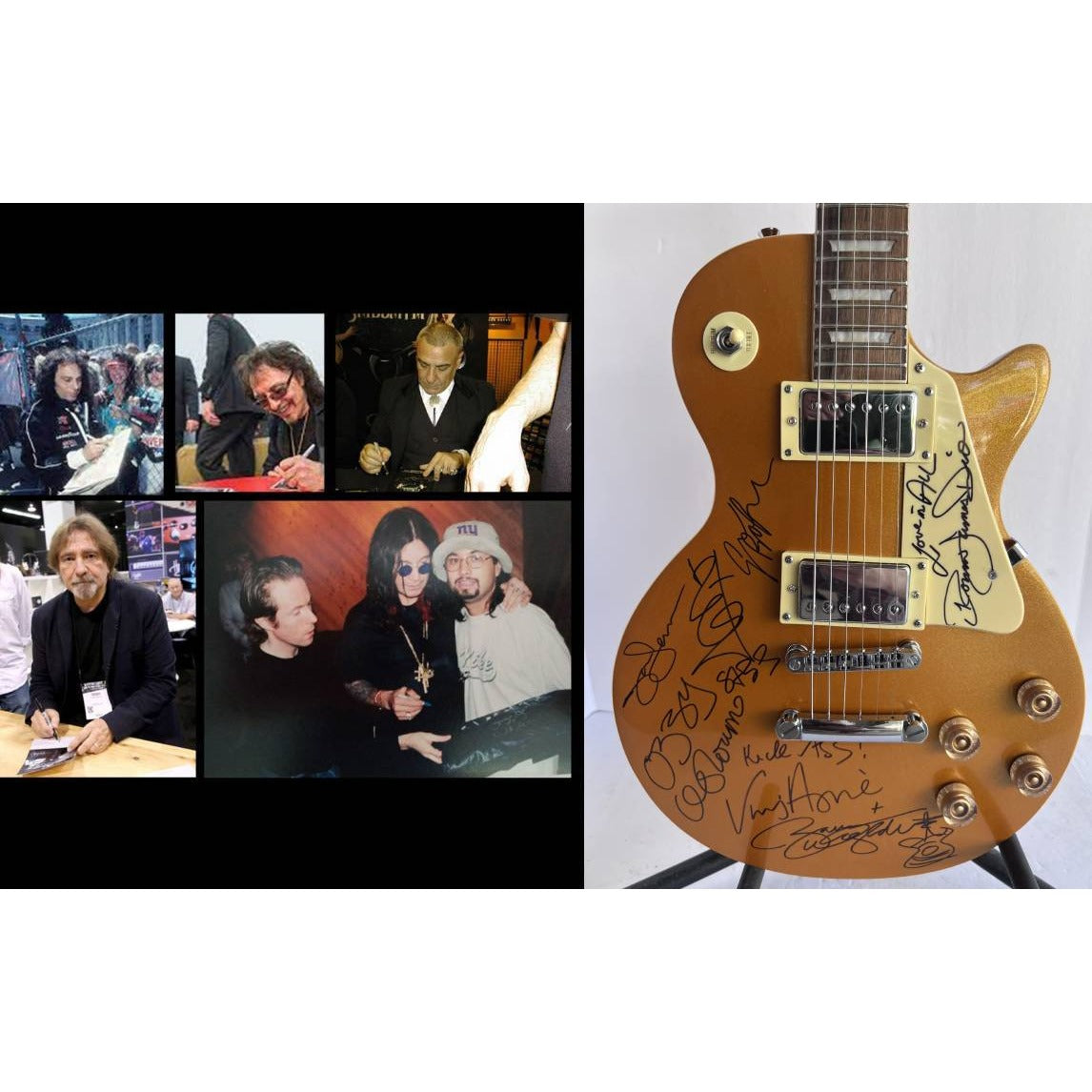 Ozzy Osbourne Ronnie James Dio Tony iomi Bill Ward Geezer Butler Vinnie a piece full size Les Paul electric guitar signed with proof