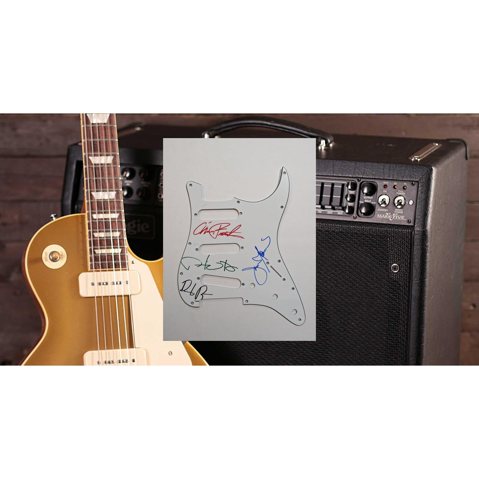 Talking Heads David Byrne, Chris Frantz, Jerry Harrison, Tina Weymouth   Fender Stratocaster electric guitar pickguard signed with proof
