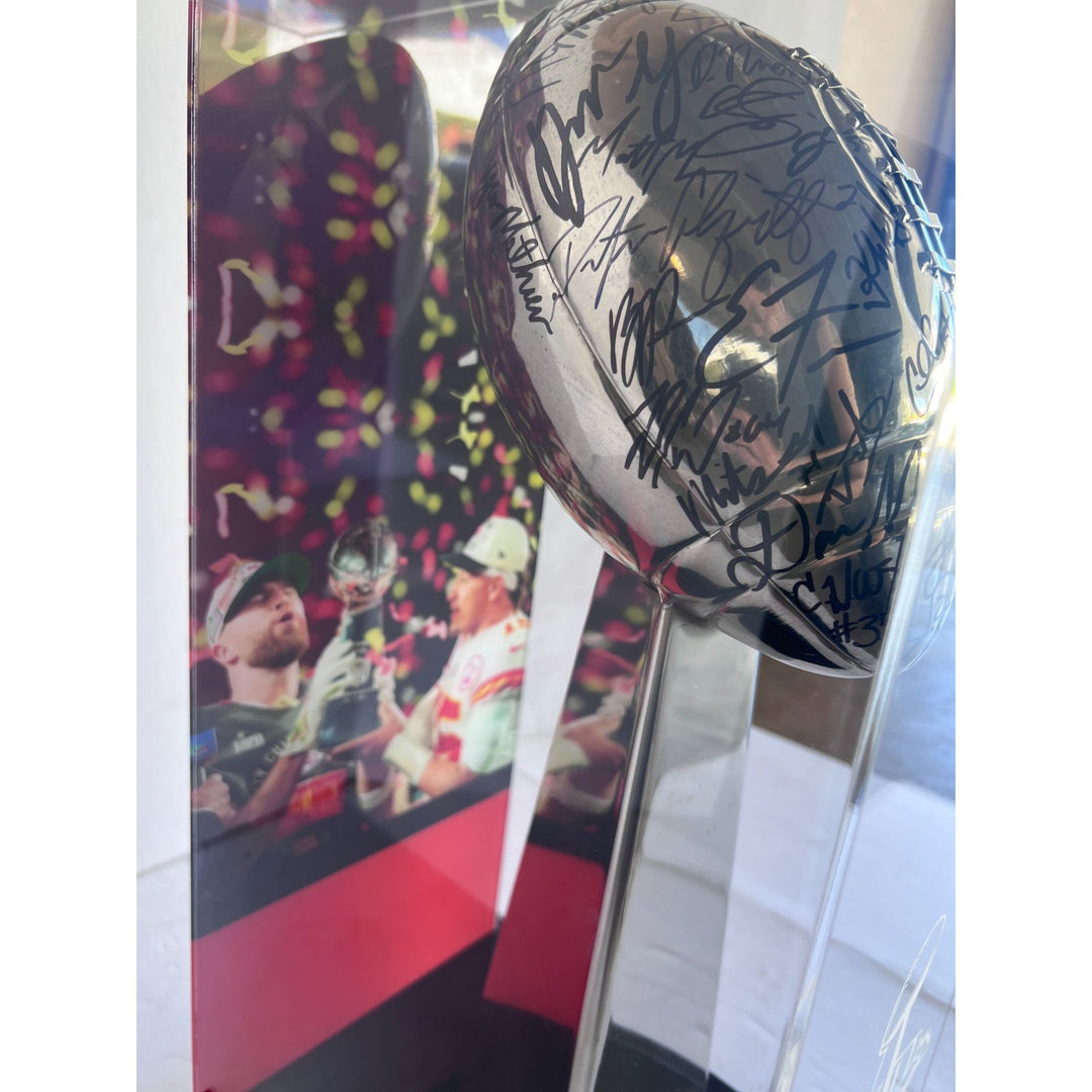 Kansas City Chiefs Patrick Mahomes Andy Reid Travis Kelce 2022-23 Super Bowl champions team signed Lombardi Trophy with 8x22 acrylic case